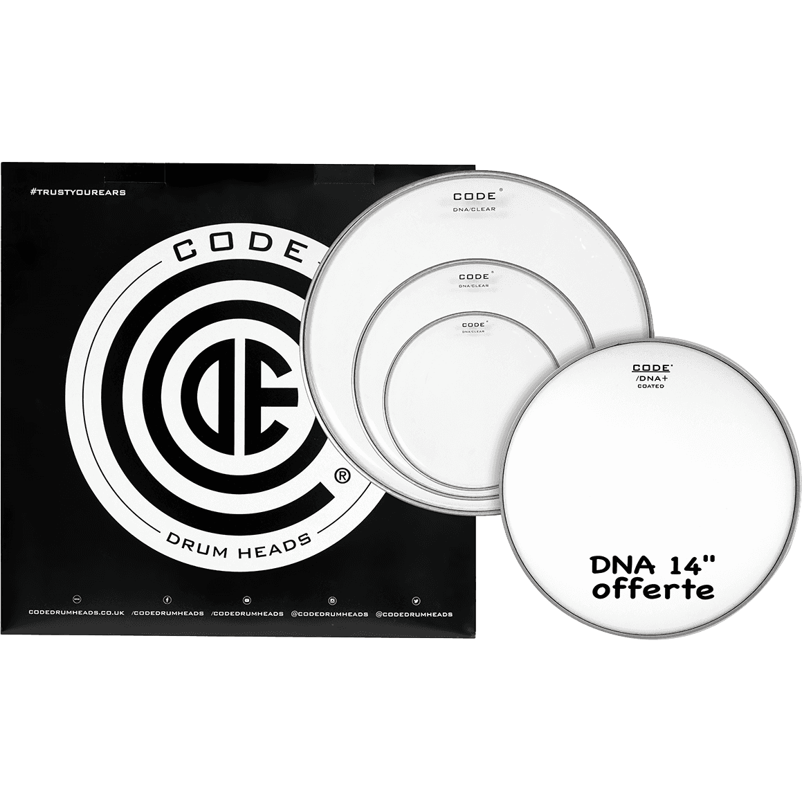 CODE DRUMHEADS DNA Rock Pack Drum Heads | 10", 12", 16" clear tom heads and 14" coated