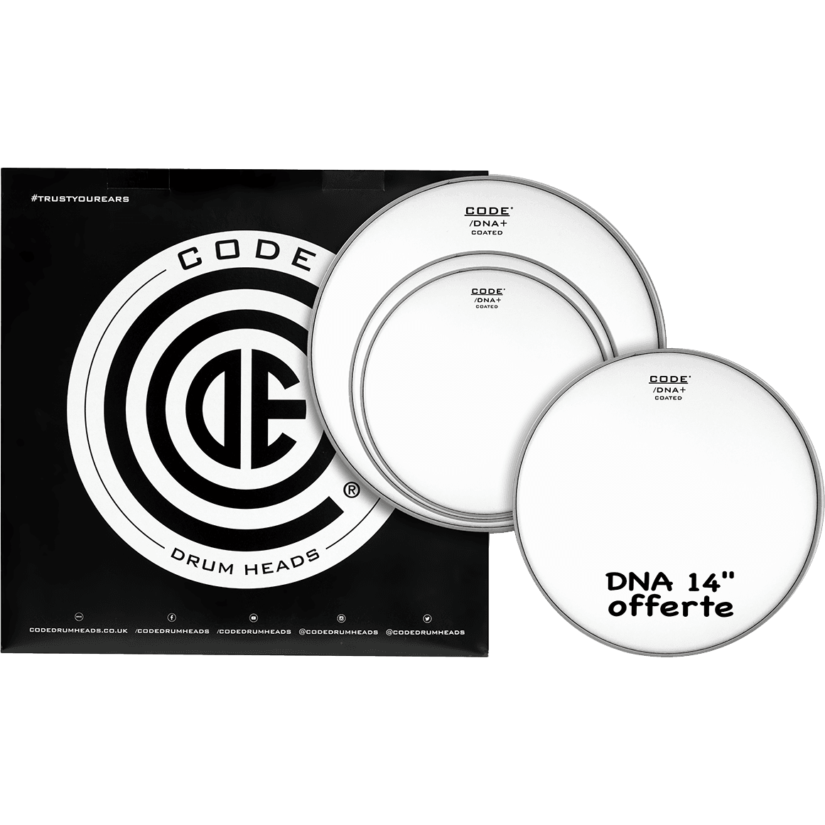 CODE DRUMHEADS DNA Coated Rock Pack Drum Heads 12", 13", 16" Coated Tom Heads, 14" Coated Snare Head
