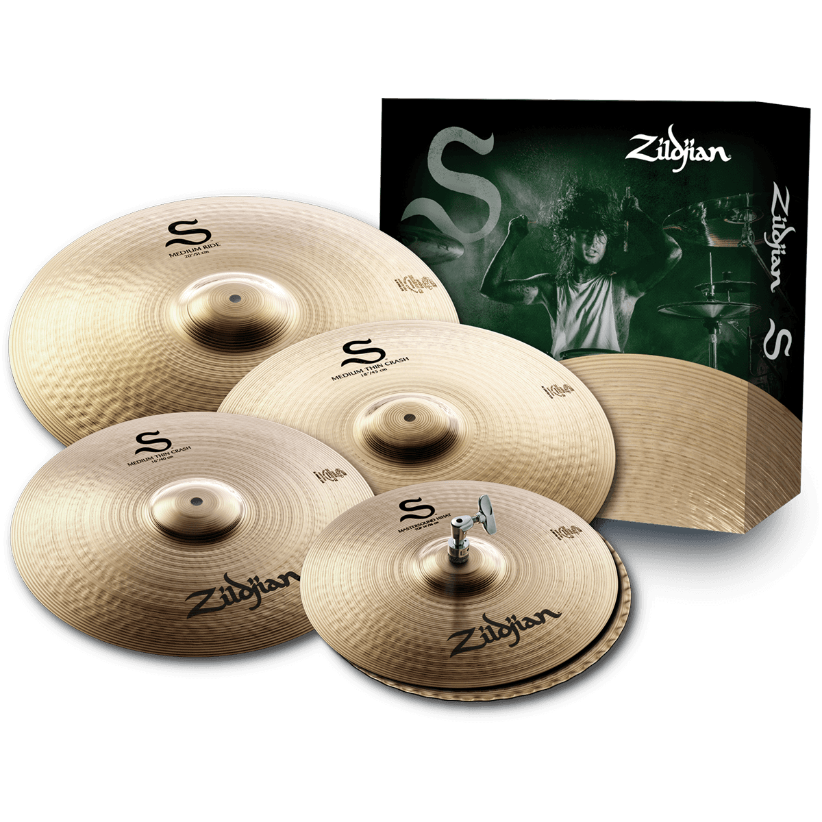 Zildjian S-Series S390 Cymbal Pack | 14” Mastersound Hi-Hat, 16” Medium Thin Crash, 18” Medium Thin Crash, 20” Medium Ride