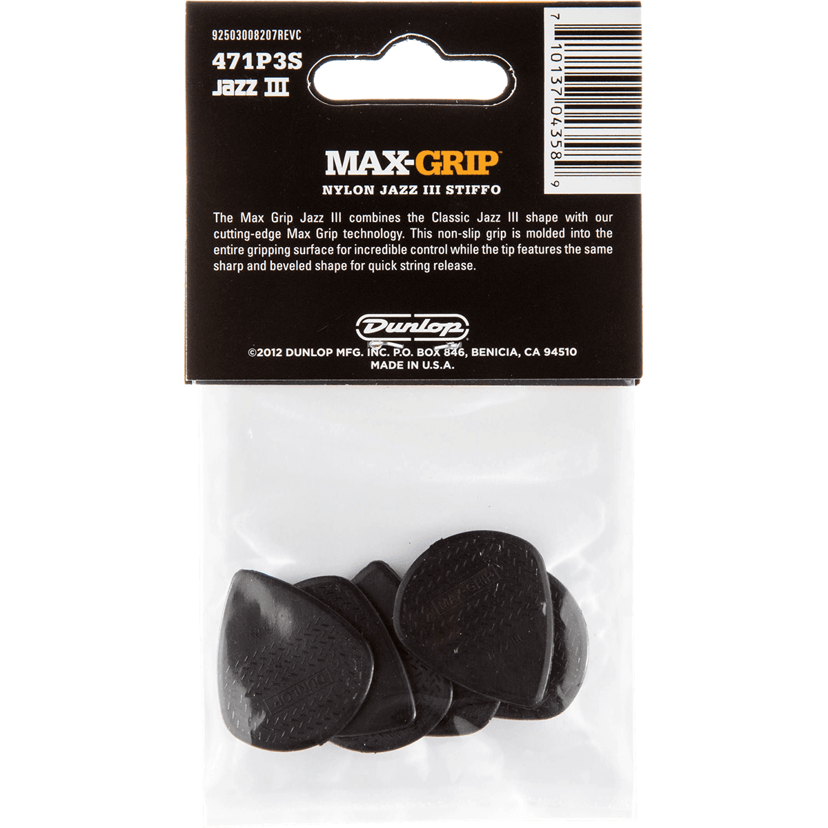 Nylon Jazz 3 Max Grip Guitar Picks by Dunlop | Bag of 6 | Black