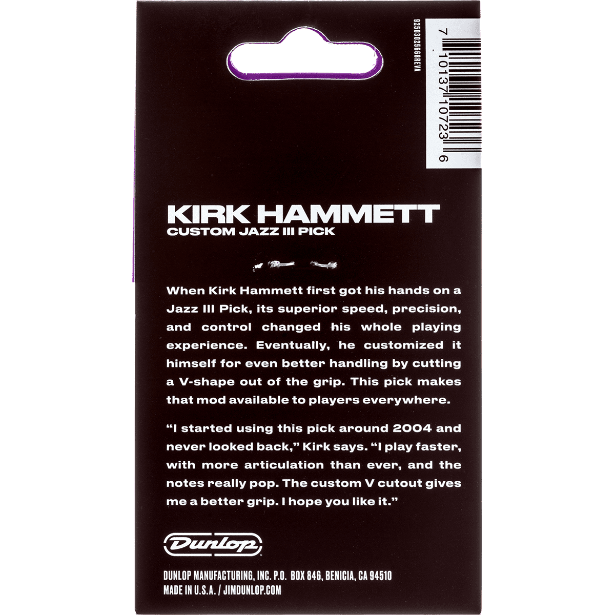Dunlop Kirk Hammet Signature Custom Jazz III Guitar Picks | Pack of 6 | Purple
