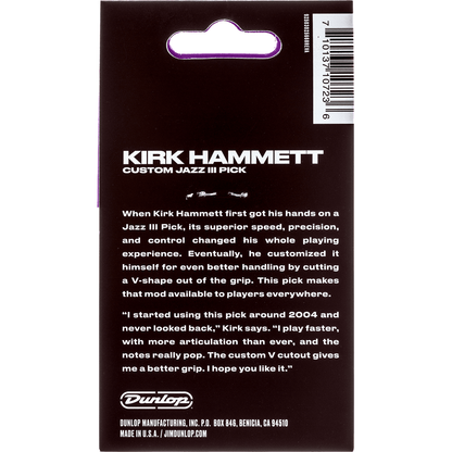 Dunlop Kirk Hammet Signature Custom Jazz III Guitar Picks | Pack of 6 | Purple