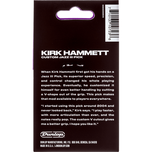 Dunlop Kirk Hammet Signature Custom Jazz III Guitar Picks | Pack of 6 | Purple
