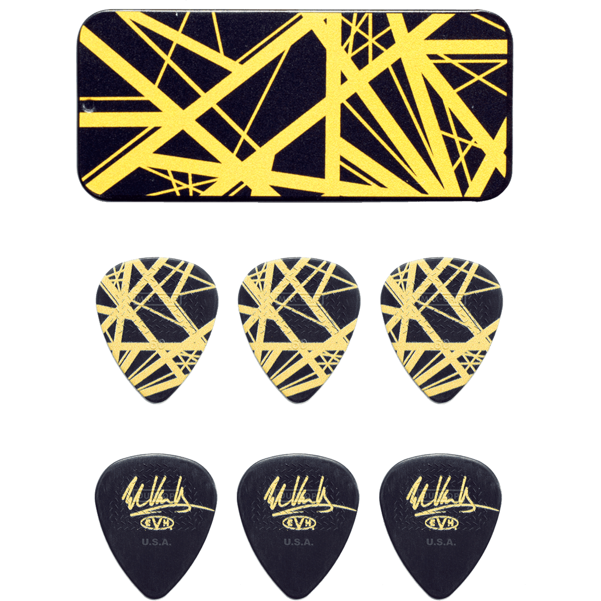 EVH Black and Yellow Guitar Pick Tin by Dunlop | Contains 6 0.6mm Picks with Grip