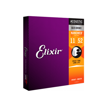 Nanoweb 80/20 Bronze 11 -52 Acoustic Guitar Strings | Custom Light | By Elixir