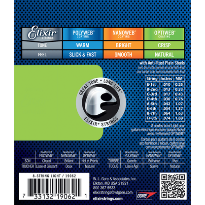Optiweb 10 - 74 Electric Guitar Strings | For 8-String Guitars | By Elixir