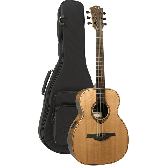 Tramontane Travel Red Cedar Electro Acoustic Guitar by Lâg | includes Case and Cable | Graphite Nut and Saddle | Built In Pre-Amp with Tuner