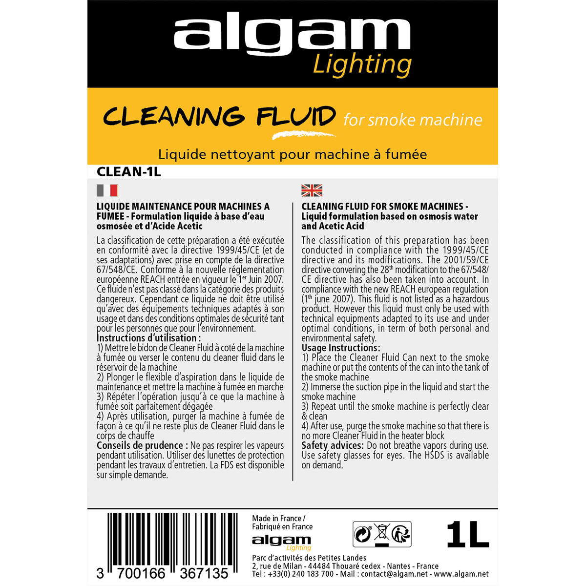 Algam Lighting | Cleaning Liquid for Smoke Machine | 1L | LSF CLEAN-1L