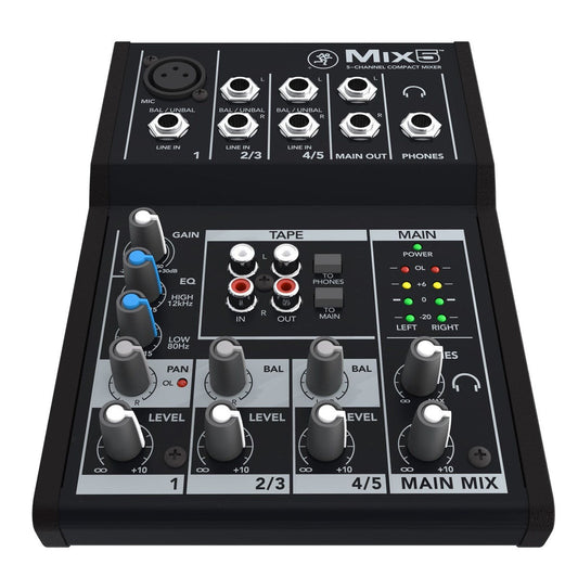 Mackie Mix5 5-channel Compact Mixer | 5-input Desktop Mixer | 1 Microphone Preamplifier | 2 Stereo Channels | Tape I/O | Separate Volume and Headphone Levels