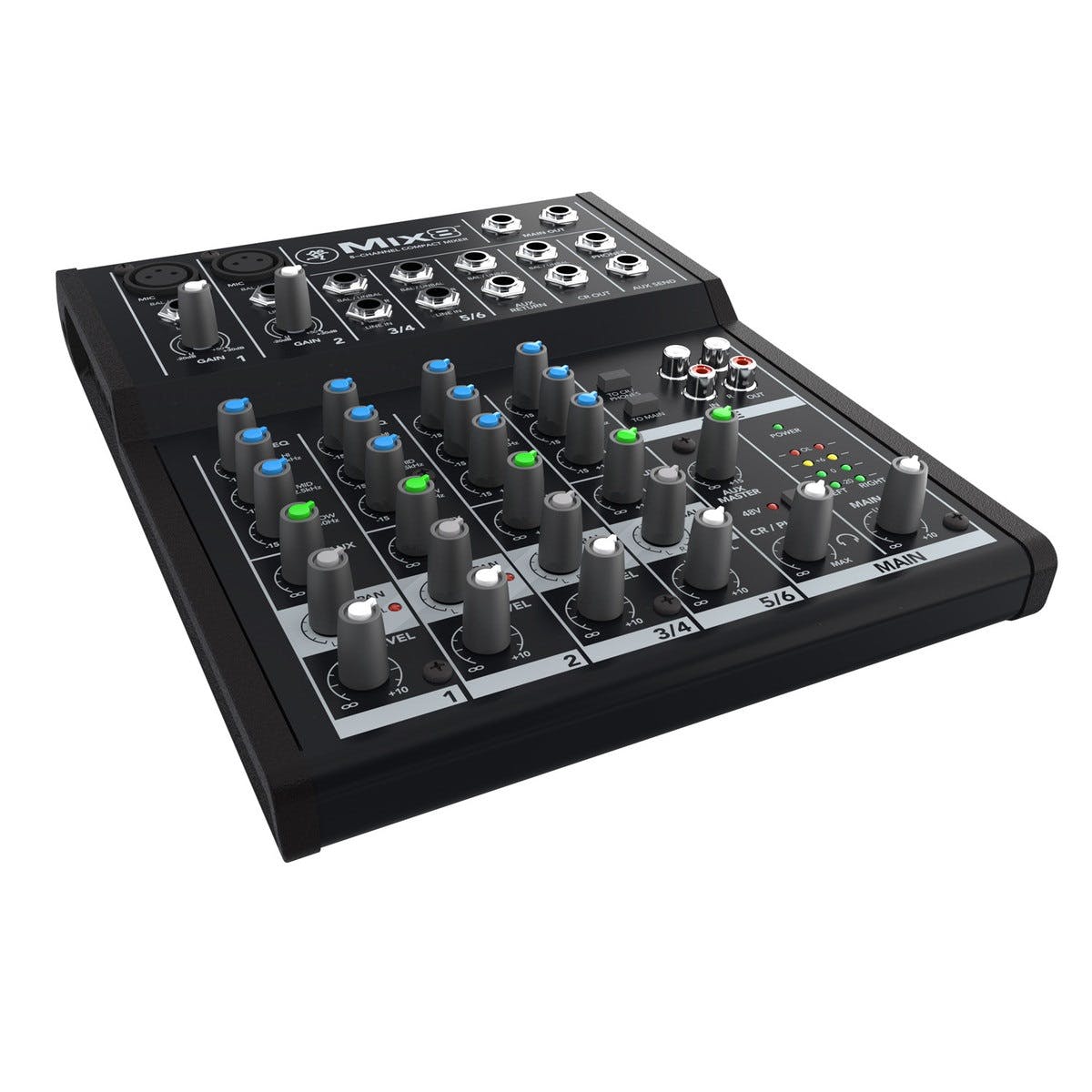 Mackie Mix8 8-channel Compact Mixer | 6-input Desktop Mixer with 2 Microphone Preamplifiers | 2 Stereo Channels | 3-band Equalizers | 1 Aux | Tape I/O | Separate Volume and Headphone Levels