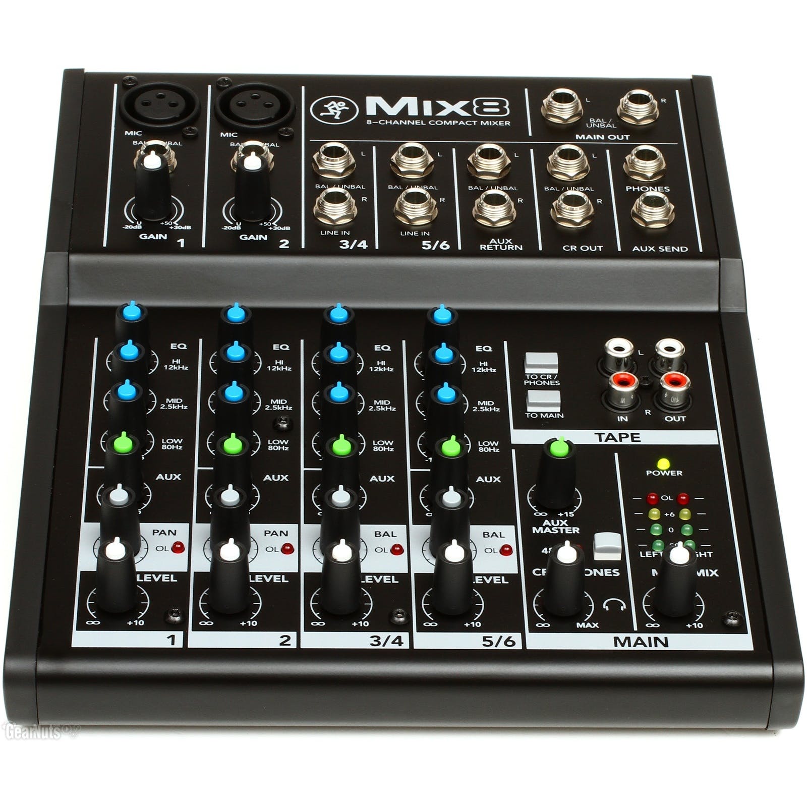 Mackie Mix8 8-channel Compact Mixer | 6-input Desktop Mixer with 2 Microphone Preamplifiers | 2 Stereo Channels | 3-band Equalizers | 1 Aux | Tape I/O | Separate Volume and Headphone Levels