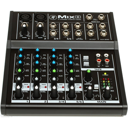 Mackie Mix8 8-channel Compact Mixer | 6-input Desktop Mixer with 2 Microphone Preamplifiers | 2 Stereo Channels | 3-band Equalizers | 1 Aux | Tape I/O | Separate Volume and Headphone Levels