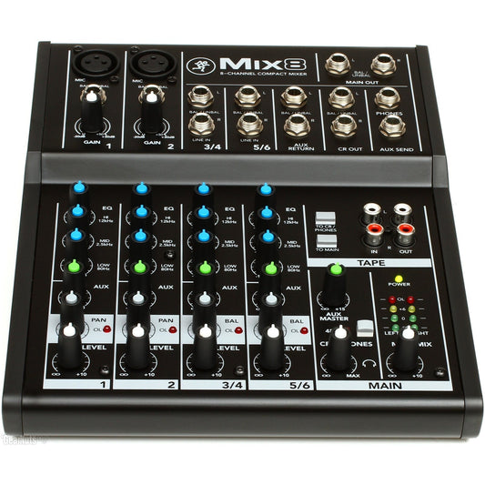 Mackie Mix8 8-channel Compact Mixer | 6-input Desktop Mixer with 2 Microphone Preamplifiers | 2 Stereo Channels | 3-band Equalizers | 1 Aux | Tape I/O | Separate Volume and Headphone Levels
