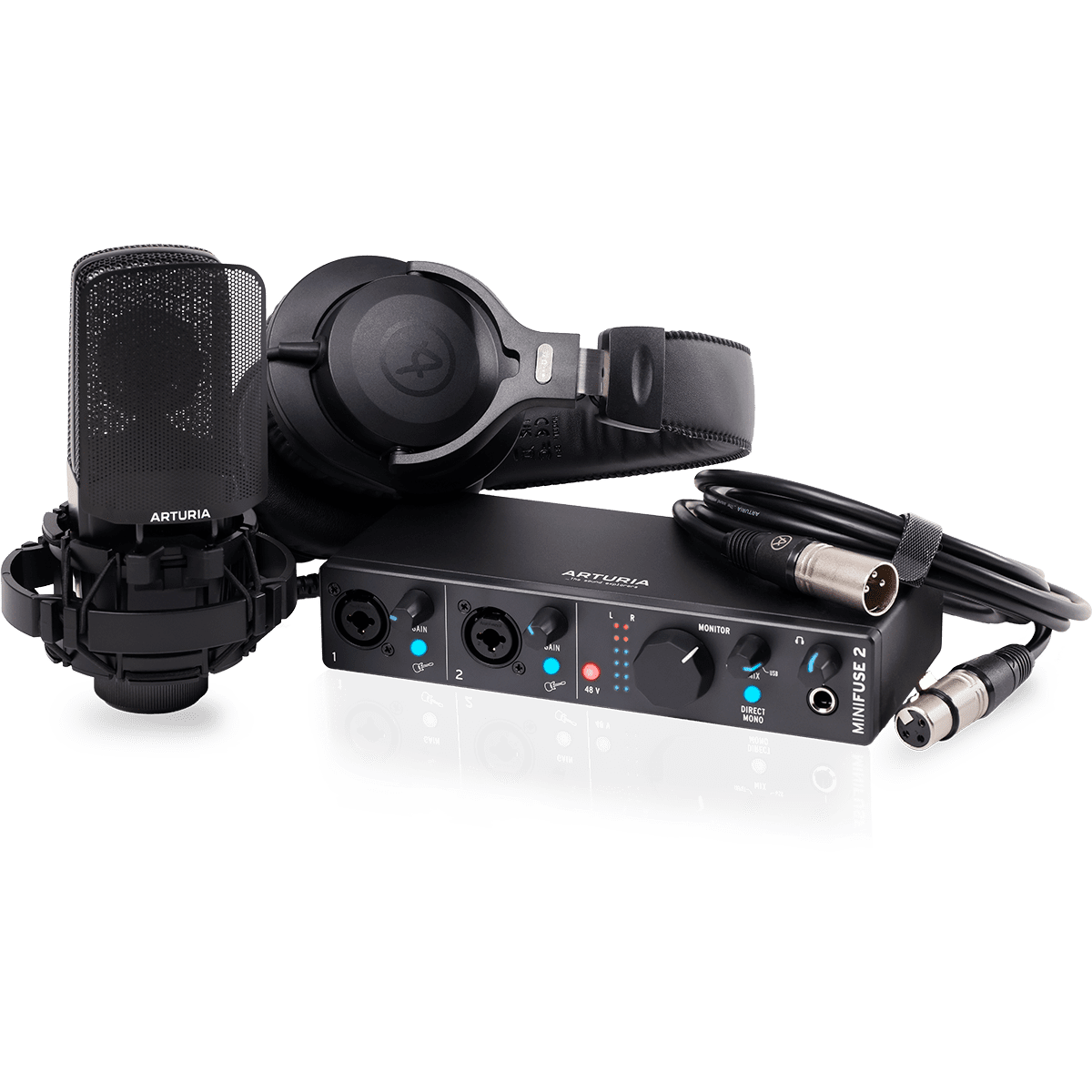 Arturia MiniFuse Recording Pack Podcast Bundle | Includes Audio Interface MiniFuse2, Condenser Microphone CM1, Studio Headphones EF1, XLR Cable | Black