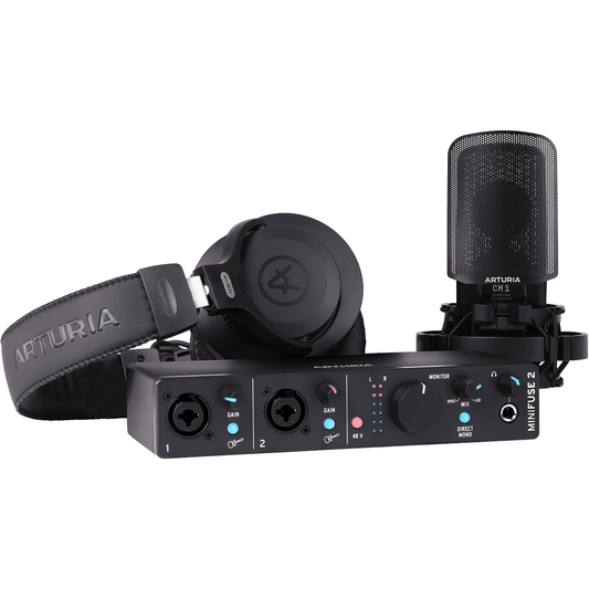 Arturia MiniFuse Recording Pack Podcast Bundle | Includes Audio Interface MiniFuse2, Condenser Microphone CM1, Studio Headphones EF1, XLR Cable | Black
