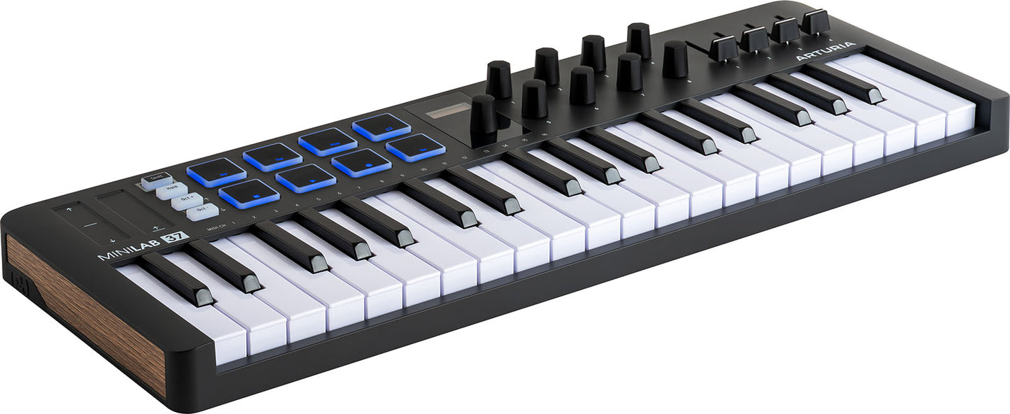 Arturia MiniLab 3 Black | 37-Key USB-C MIDI Keyboard Controller with 8 Encoders | 8 Velocity/Pressure Sensitive RGB-backlit Pads | 4 Sliders | Software Included