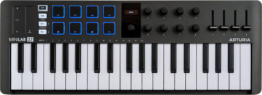 Arturia MiniLab 3 Black | 37-Key USB-C MIDI Keyboard Controller with 8 Encoders | 8 Velocity/Pressure Sensitive RGB-backlit Pads | 4 Sliders | Software Included