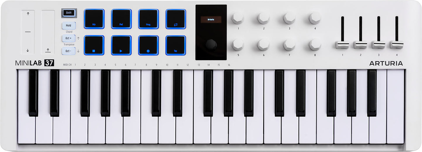 Arturia MiniLab 3 | 37-Key USB-C MIDI Keyboard Controller with 8 Encoders | 8 Velocity/Pressure Sensitive RGB-backlit Pads | 4 Sliders | Software Included