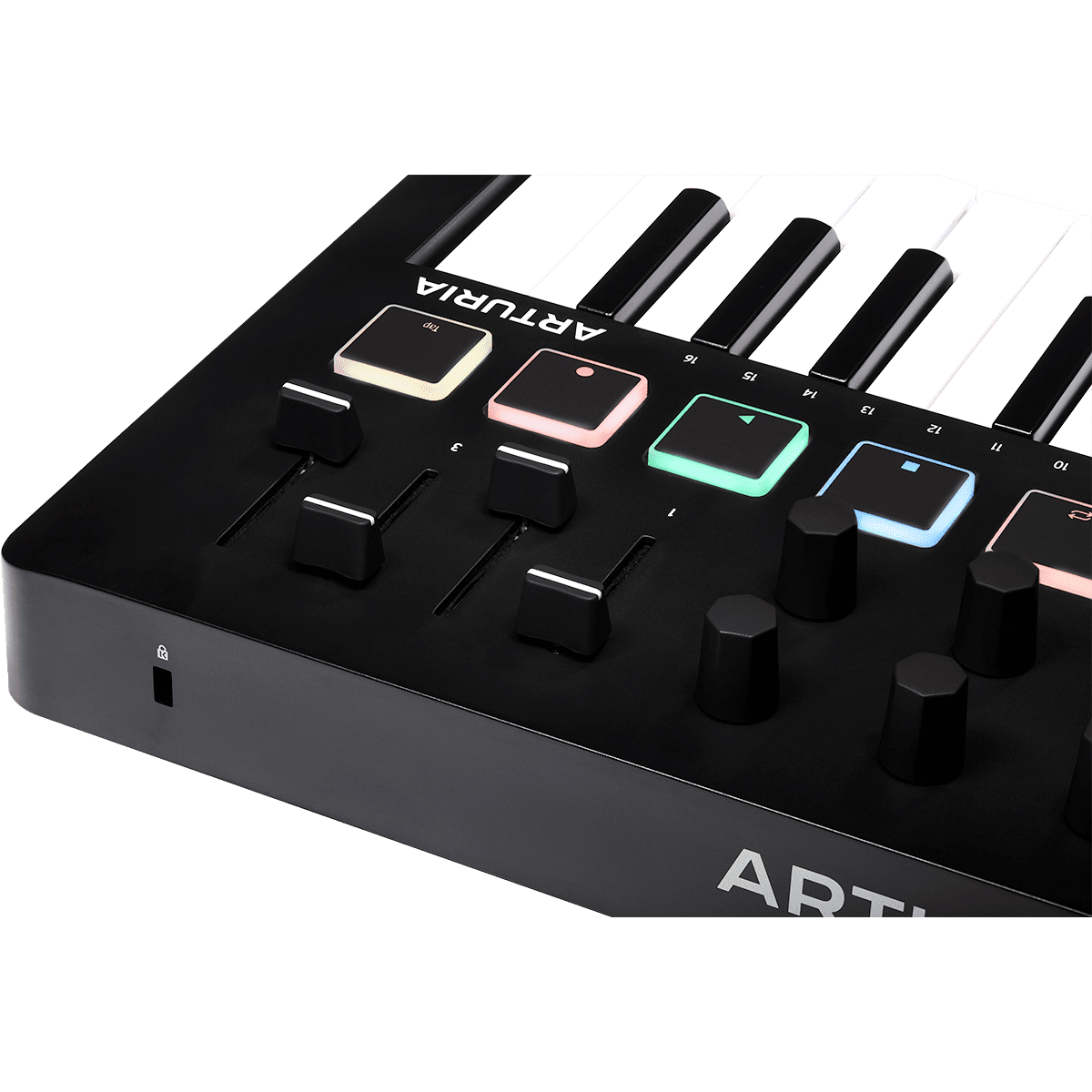 Arturia MiniLab 3 Black | 25-note USB-C MIDI Keyboard Controller with 8 Encoders | 8 Velocity/Pressure Sensitive RGB-backlit Pads | 4 Sliders | Software Included