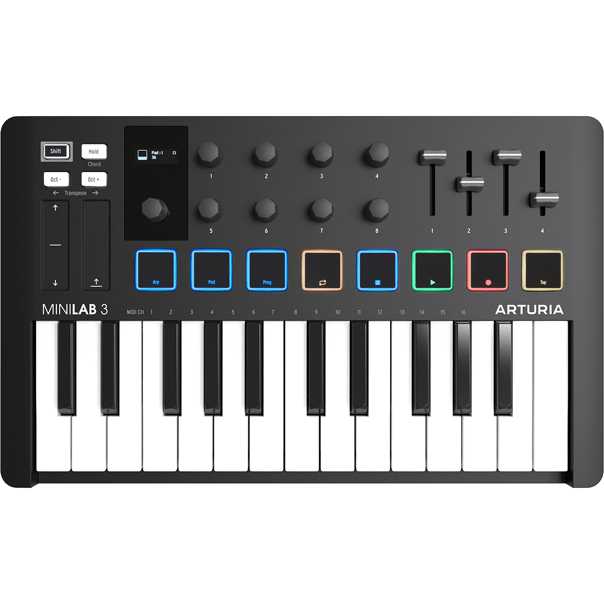 Arturia MiniLab 3 Black | 25-note USB-C MIDI Keyboard Controller with 8 Encoders | 8 Velocity/Pressure Sensitive RGB-backlit Pads | 4 Sliders | Software Included