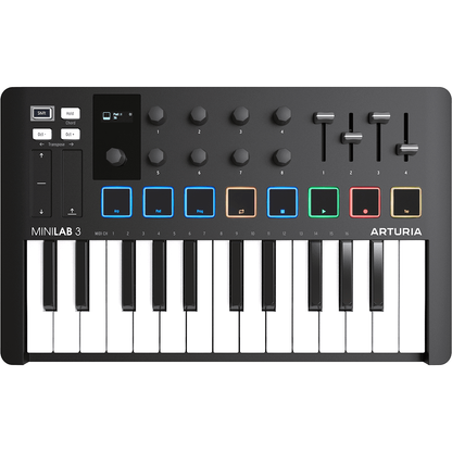 Arturia MiniLab 3 Black | 25-note USB-C MIDI Keyboard Controller with 8 Encoders | 8 Velocity/Pressure Sensitive RGB-backlit Pads | 4 Sliders | Software Included