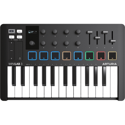 Arturia MiniLab 3 Black | 25-note USB-C MIDI Keyboard Controller with 8 Encoders | 8 Velocity/Pressure Sensitive RGB-backlit Pads | 4 Sliders | Software Included