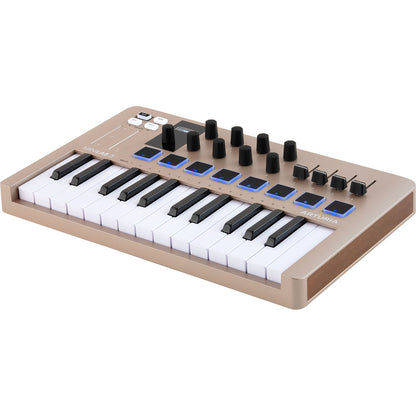 Arturia MiniLab 3 Champagne | 25-note USB-C MIDI Keyboard Controller with 8 Encoders | 8 Velocity/Pressure Sensitive RGB-backlit Pads | 4 Sliders | Software Included