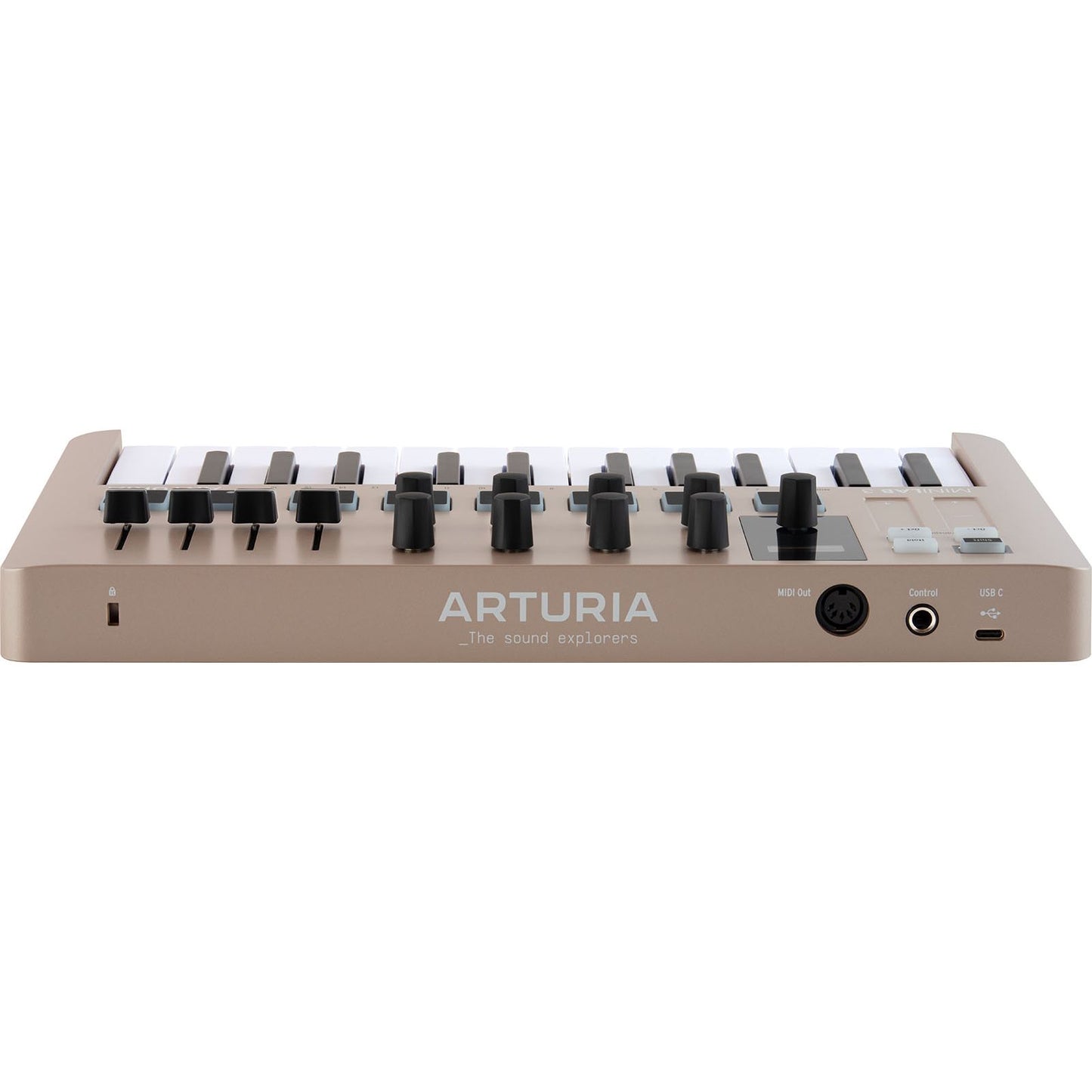 Arturia MiniLab 3 Champagne | 25-note USB-C MIDI Keyboard Controller with 8 Encoders | 8 Velocity/Pressure Sensitive RGB-backlit Pads | 4 Sliders | Software Included
