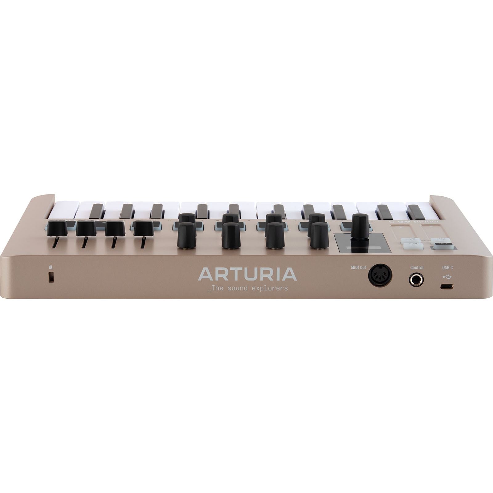 Arturia MiniLab 3 Champagne | 25-note USB-C MIDI Keyboard Controller with 8 Encoders | 8 Velocity/Pressure Sensitive RGB-backlit Pads | 4 Sliders | Software Included