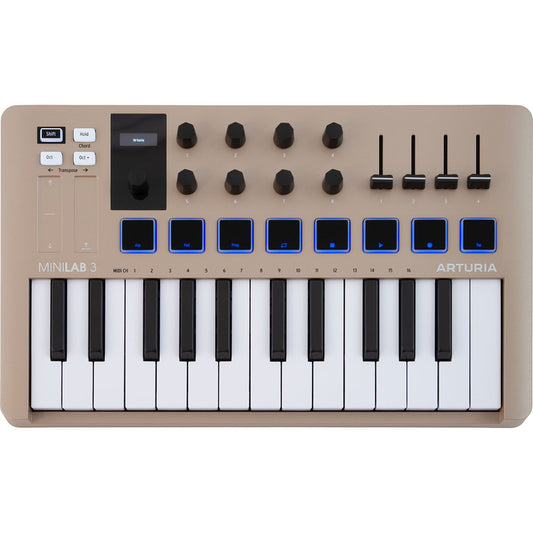 Arturia MiniLab 3 Champagne | 25-note USB-C MIDI Keyboard Controller with 8 Encoders | 8 Velocity/Pressure Sensitive RGB-backlit Pads | 4 Sliders | Software Included
