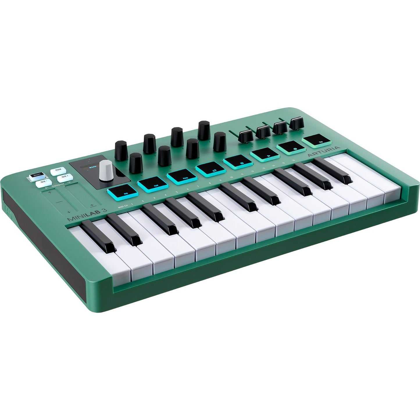 Arturia MiniLab 3 Green | 25-note USB-C MIDI Keyboard Controller with 8 Encoders | 8 Velocity/Pressure Sensitive RGB-backlit Pads | 4 Sliders | Software Included