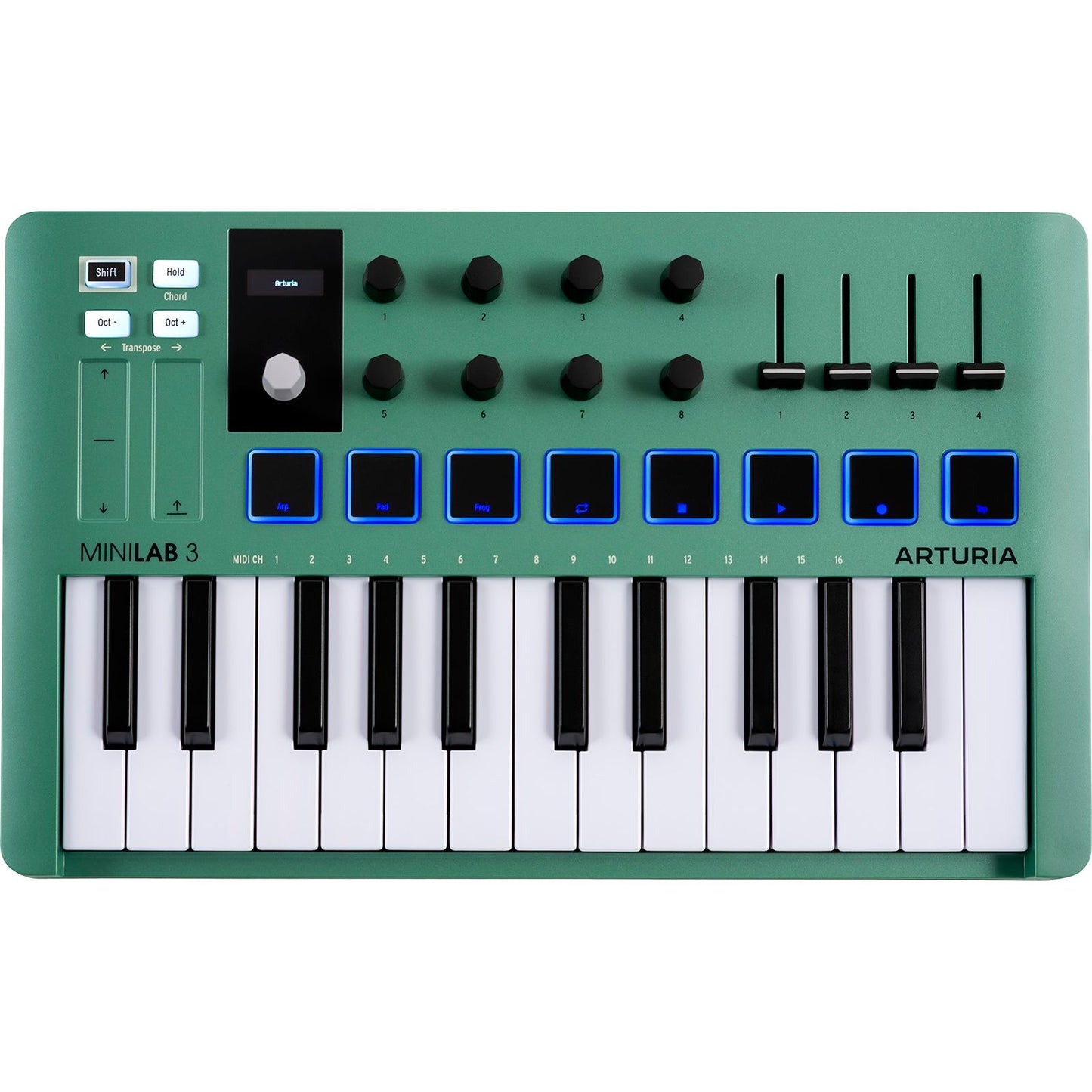 Arturia MiniLab 3 Green | 25-note USB-C MIDI Keyboard Controller with 8 Encoders | 8 Velocity/Pressure Sensitive RGB-backlit Pads | 4 Sliders | Software Included