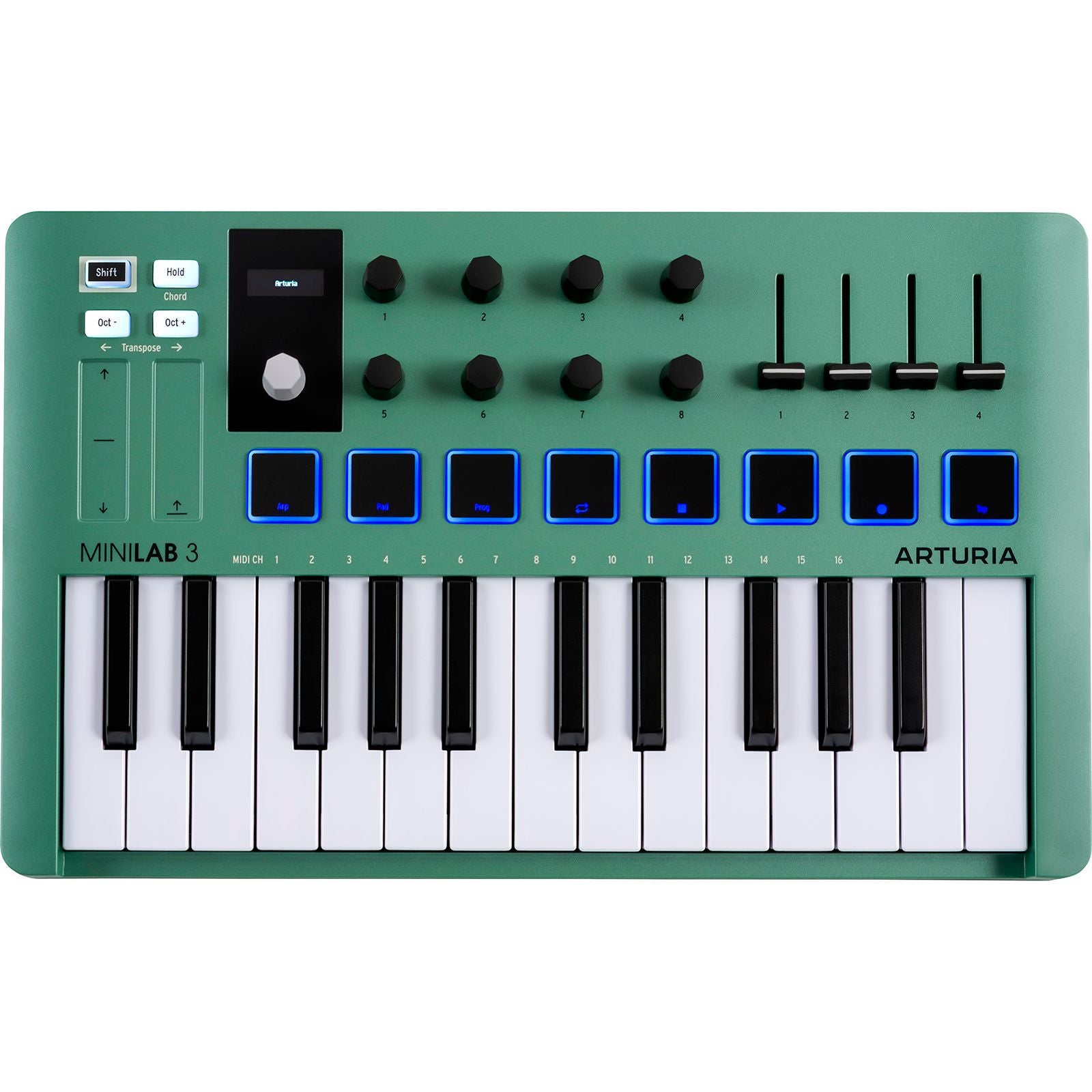 Arturia MiniLab 3 Green | 25-note USB-C MIDI Keyboard Controller with 8 Encoders | 8 Velocity/Pressure Sensitive RGB-backlit Pads | 4 Sliders | Software Included