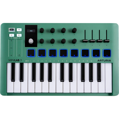Arturia MiniLab 3 Green | 25-note USB-C MIDI Keyboard Controller with 8 Encoders | 8 Velocity/Pressure Sensitive RGB-backlit Pads | 4 Sliders | Software Included