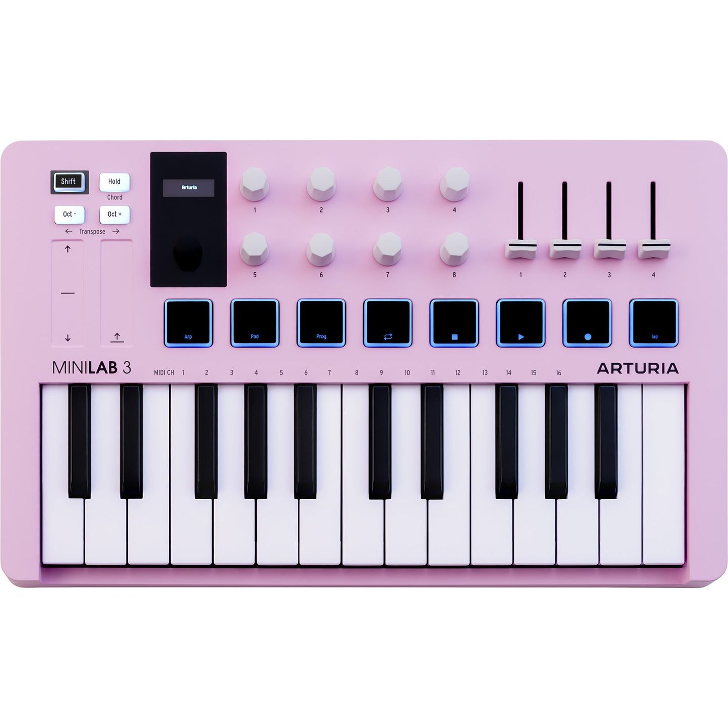 Arturia MiniLab 3 Rose Quartz | 25-note USB-C MIDI Keyboard Controller with 8 Encoders | 8 Velocity/Pressure Sensitive RGB-backlit Pads | 4 Sliders | Software Included