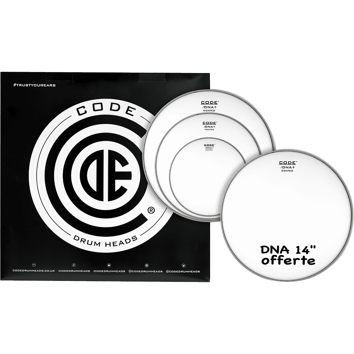 CODE DRUMHEADS DNA Fusion Pack Drum Heads | Includes 10", 12", 14" coated tom heads & 14" coated snare head.