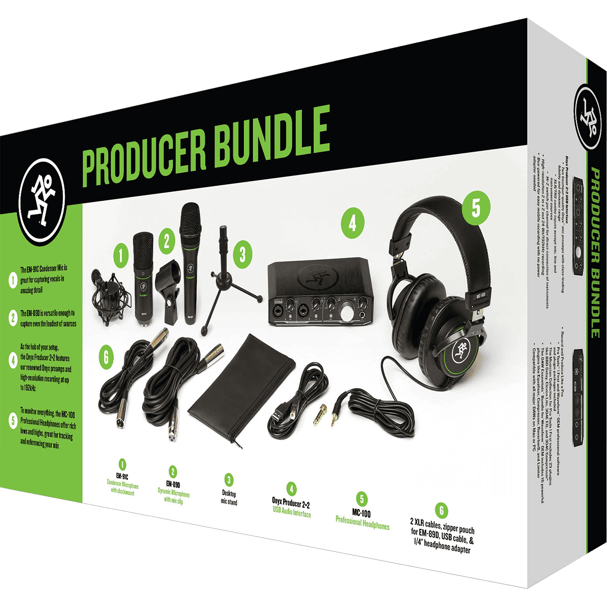Mackie Producer Bundle including Onyx Producer 2.2 USB Interface, EM-91C Condenser Microphone, EM-89D Dynamic Microphone, MC-100 Headphones, and Essential Accessories
