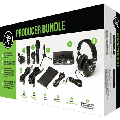 Mackie Producer Bundle including Onyx Producer 2.2 USB Interface, EM-91C Condenser Microphone, EM-89D Dynamic Microphone, MC-100 Headphones, and Essential Accessories