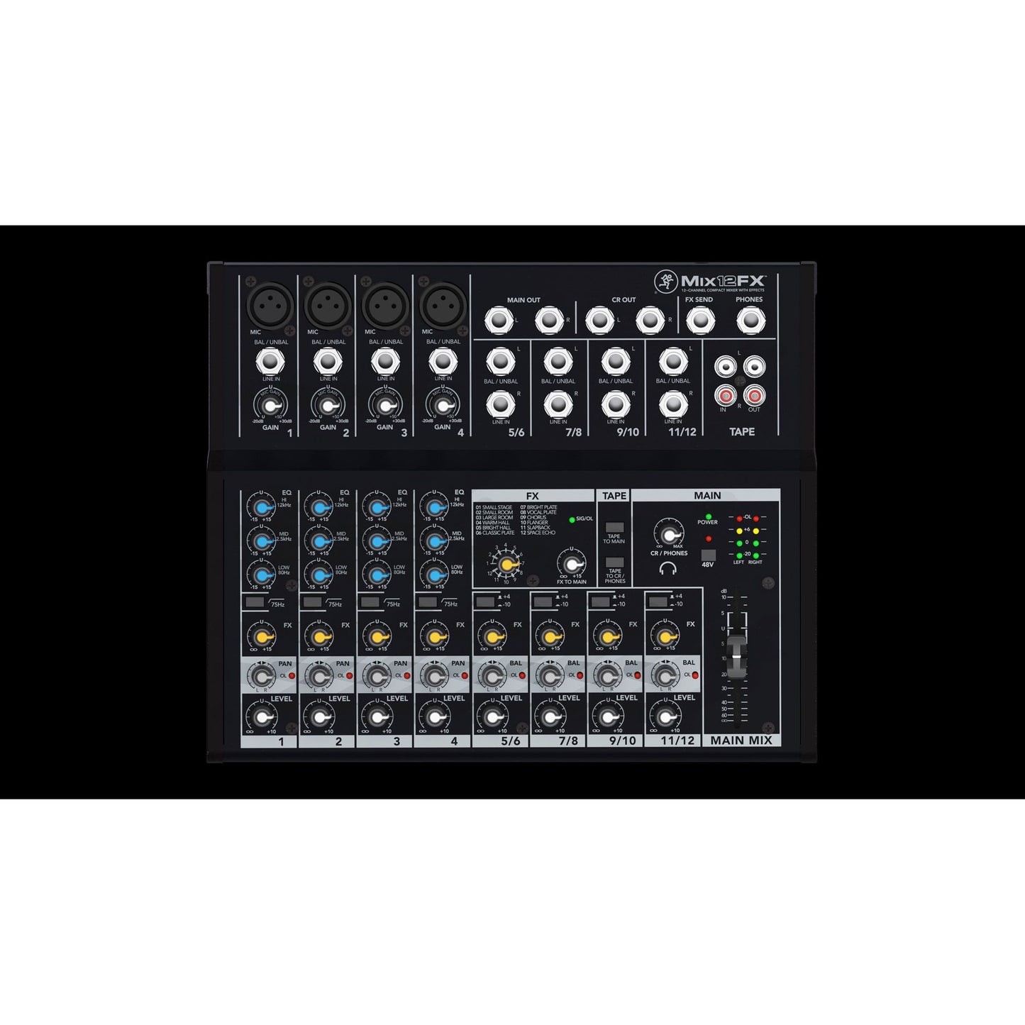 Mackie Mix12FX 12-channel Compact Mixer with Effects  | 12-input Desktop Mixer with 4 Microphone Preamplifiers | 4 Stereo Channels | 3-band Equalizers | 1 Aux | Tape I/O | Separate Volume and Headphone Levels | SMK MIX12FX